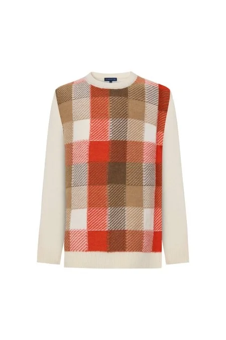 Kaşmir Merino Yün Karışım Tartan Desen Ekru Turuncu Çocuk Kazak