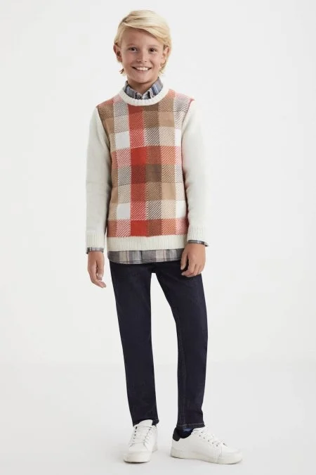 Kaşmir Merino Yün Karışım Tartan Desen Ekru Turuncu Çocuk Kazak