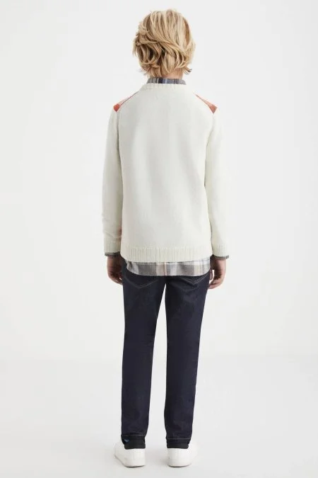 Kaşmir Merino Yün Karışım Tartan Desen Ekru Turuncu Çocuk Kazak