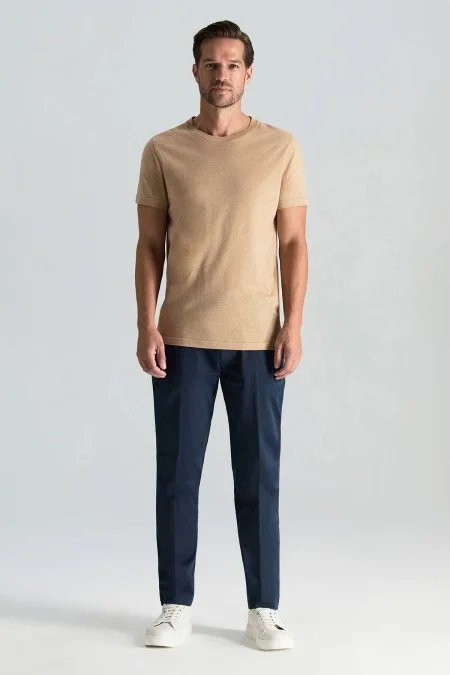 Kaşmir Pamuk Karışım Bisiklet Yaka Camel T-Shirt