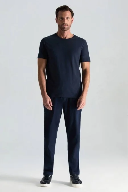 Kaşmir Pamuk Karışım Bisiklet Yaka Lacivert T-Shirt