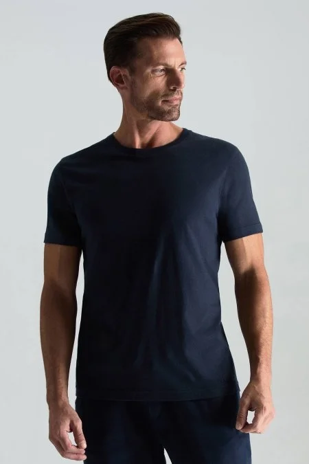 Kaşmir Pamuk Karışım Bisiklet Yaka Lacivert T-Shirt