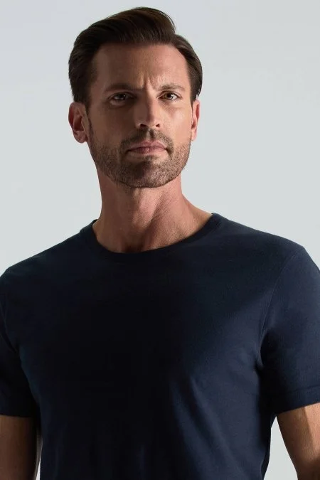 Kaşmir Pamuk Karışım Bisiklet Yaka Lacivert T-Shirt