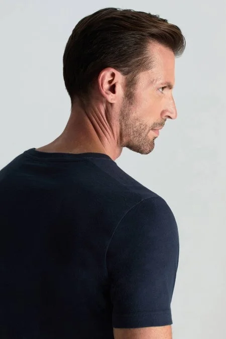 Kaşmir Pamuk Karışım Bisiklet Yaka Lacivert T-Shirt
