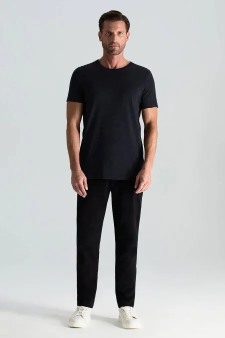 Kaşmir Pamuk Karışım Bisiklet Yaka Siyah T-Shirt