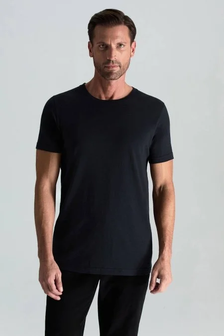 Kaşmir Pamuk Karışım Bisiklet Yaka Siyah T-Shirt