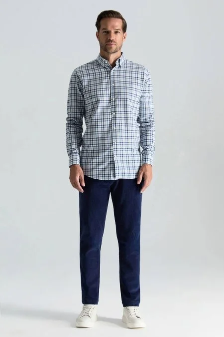 Kaşmir Pamuk Karışım Kareli Lacivert Gömlek