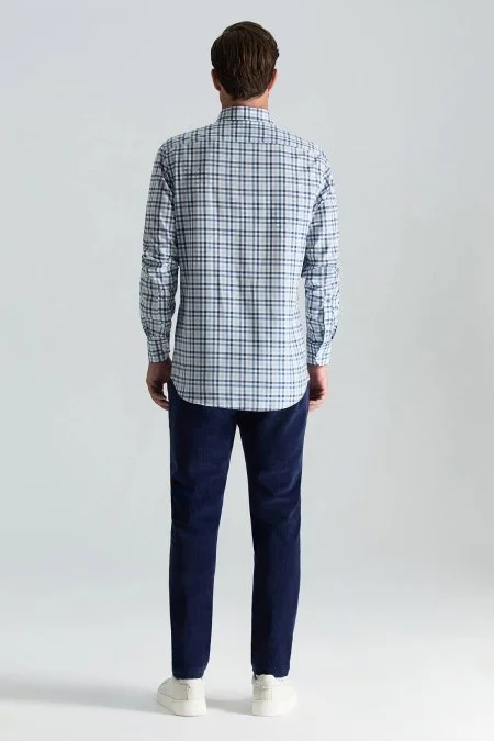 Kaşmir Pamuk Karışım Kareli Lacivert Gömlek