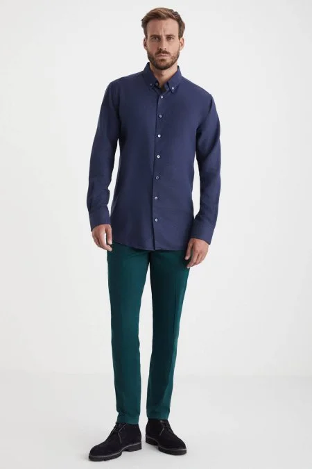 Kaşmir Pamuk Karışım Lacivert Gömlek