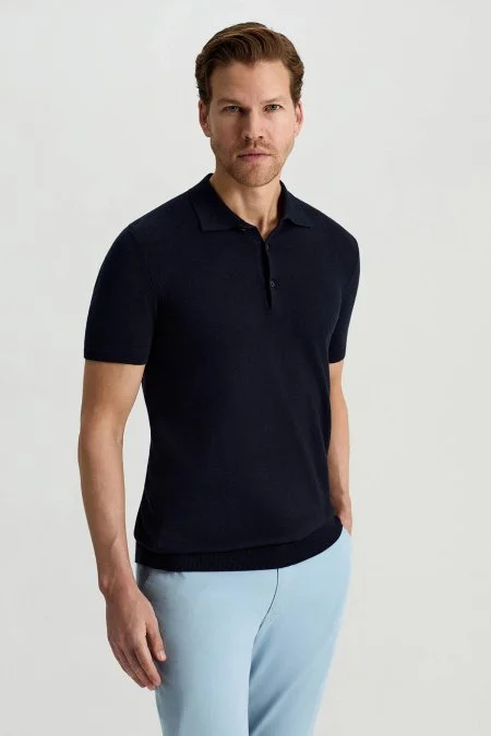 Kaşmir Pamuk Karışım Lacivert Triko Polo