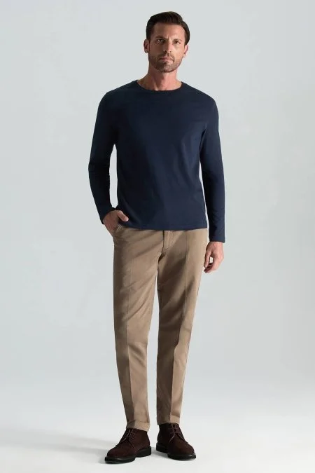 Kaşmir Pamuk Karışım Lacivert Uzun Kollu T-Shirt