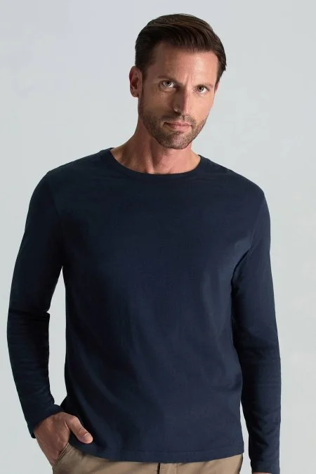 Kaşmir Pamuk Karışım Lacivert Uzun Kollu T-Shirt