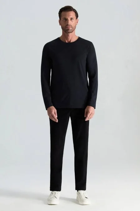 Kaşmir Pamuk Karışım Siyah Uzun Kollu T-Shirt