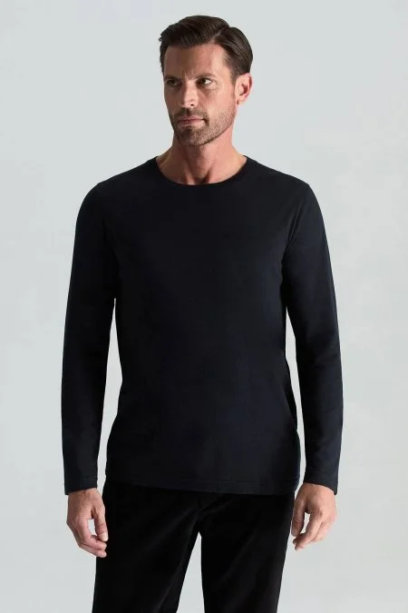 Kaşmir Pamuk Karışım Siyah Uzun Kollu T-Shirt