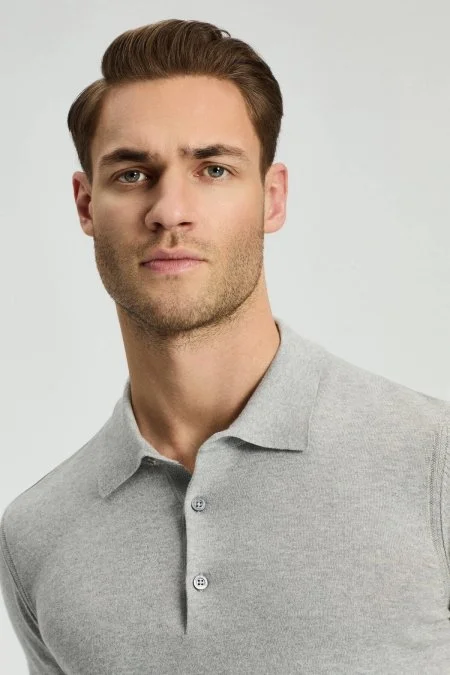 Kaşmir Pamuk Karışım Açık Gri Triko Polo