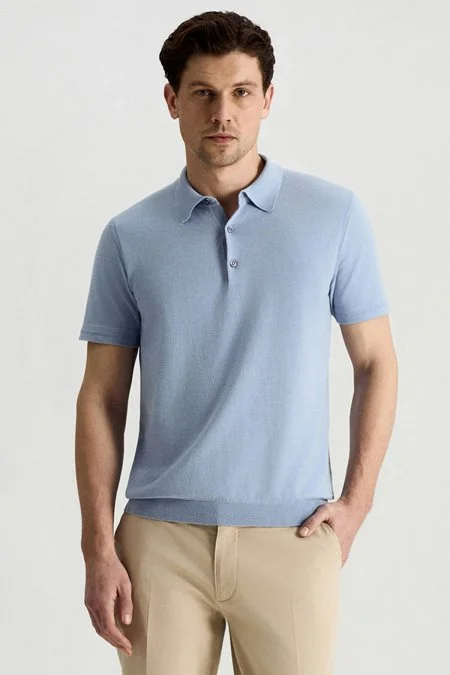 Kaşmir Pamuk Karışım Açık Mavi Triko Polo