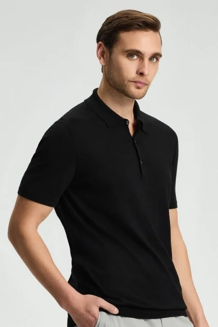 Kaşmir Pamuk Karışım Siyah Triko Polo