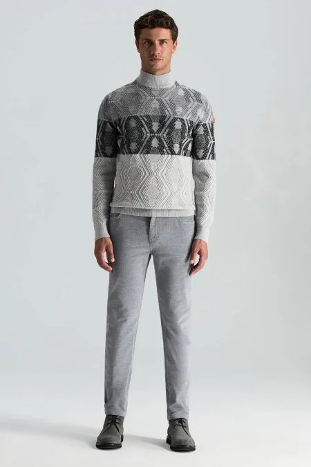 Kaşmir Yün Karışım Açık Gri Degrade Desen Lupetto Yaka Kazak