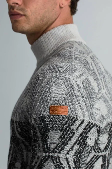 Kaşmir Yün Karışım Açık Gri Degrade Desen Lupetto Yaka Kazak