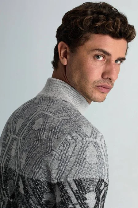 Kaşmir Yün Karışım Açık Gri Degrade Desen Lupetto Yaka Kazak