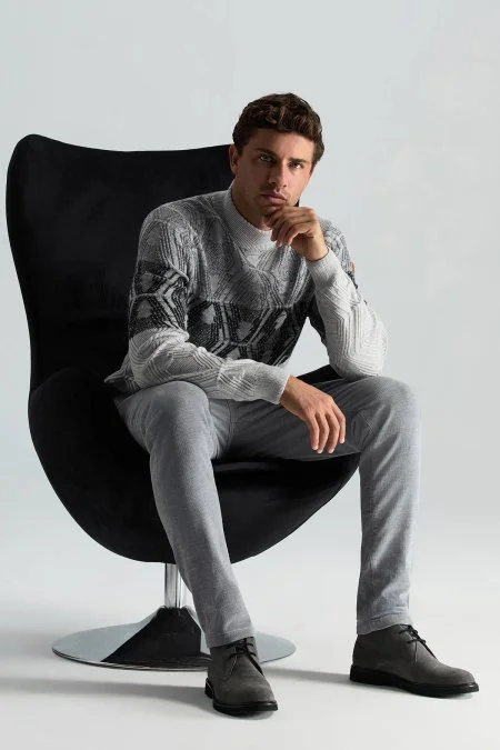 Kaşmir Yün Karışım Açık Gri Degrade Desen Lupetto Yaka Kazak Kaşmir Yün Karışım Açık Gri Degrade Desen Lupetto Yaka Kazak