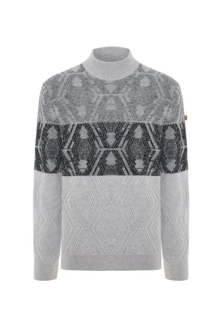 Kaşmir Yün Karışım Açık Gri Degrade Desen Lupetto Yaka Kazak