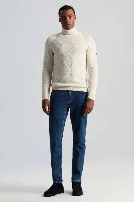 Kaşmir Yün Karışım Argyle Desen Boğazlı Yaka Ekru Kazak