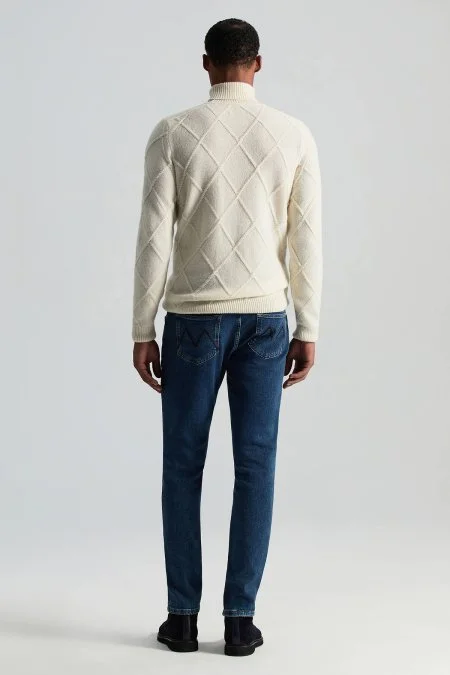 Kaşmir Yün Karışım Argyle Desen Boğazlı Yaka Ekru Kazak