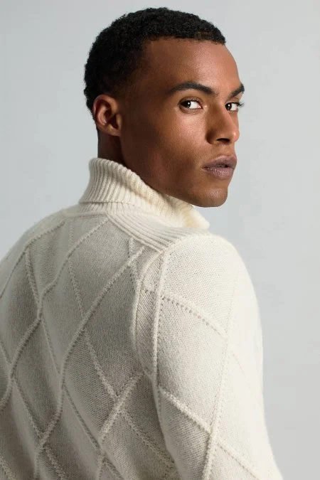 Kaşmir Yün Karışım Argyle Desen Boğazlı Yaka Ekru Kazak