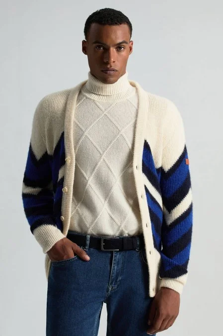 Kaşmir Yün Karışım Argyle Desen Boğazlı Yaka Ekru Kazak