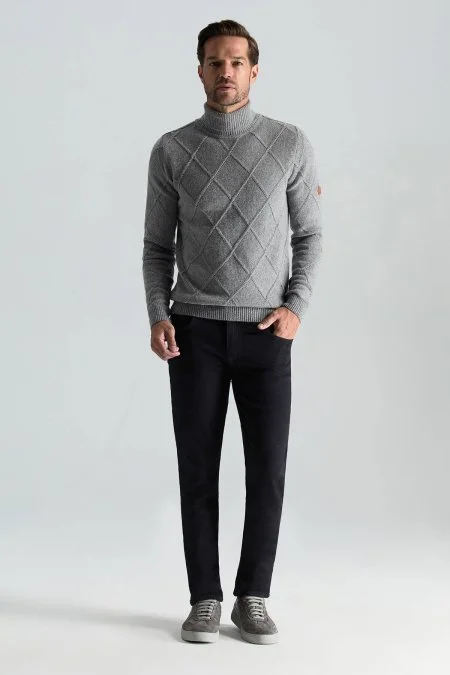 Kaşmir Yün Karışım Argyle Desen Boğazlı Yaka Gri Kazak