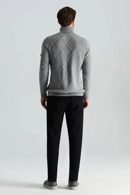 Kaşmir Yün Karışım Argyle Desen Boğazlı Yaka Gri Kazak