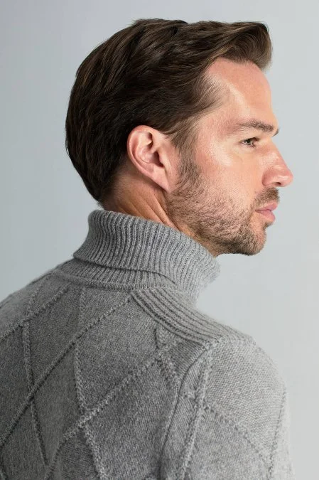 Kaşmir Yün Karışım Argyle Desen Boğazlı Yaka Gri Kazak