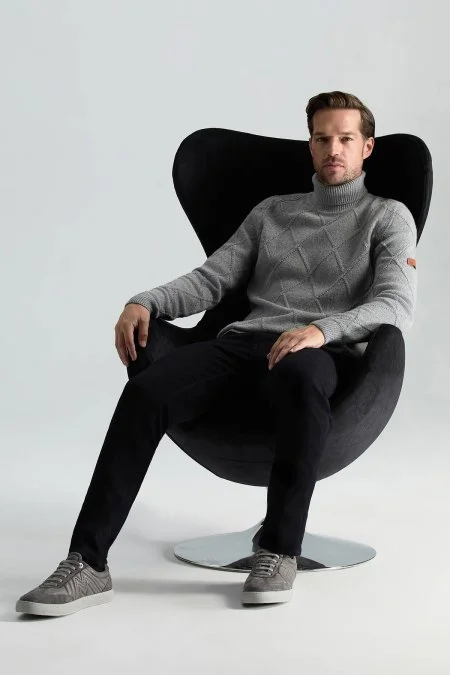 Kaşmir Yün Karışım Argyle Desen Boğazlı Yaka Gri Kazak