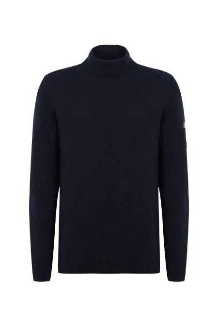 Kaşmir Yün Karışım Argyle Desen Boğazlı Yaka Lacivert Kazak