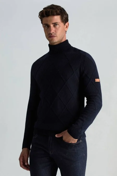 Kaşmir Yün Karışım Argyle Desen Boğazlı Yaka Lacivert Kazak Kaşmir Yün Karışım Argyle Desen Boğazlı Yaka Lacivert Kazak