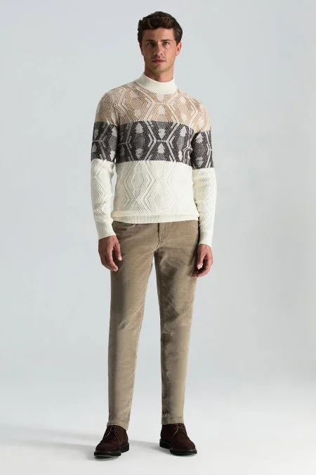 Kaşmir Yün Karışım Ekru-Kahverengi Degrade Desen Lupetto Yaka Kazak