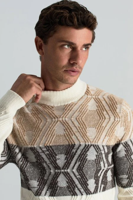 Kaşmir Yün Karışım Ekru-Kahverengi Degrade Desen Lupetto Yaka Kazak