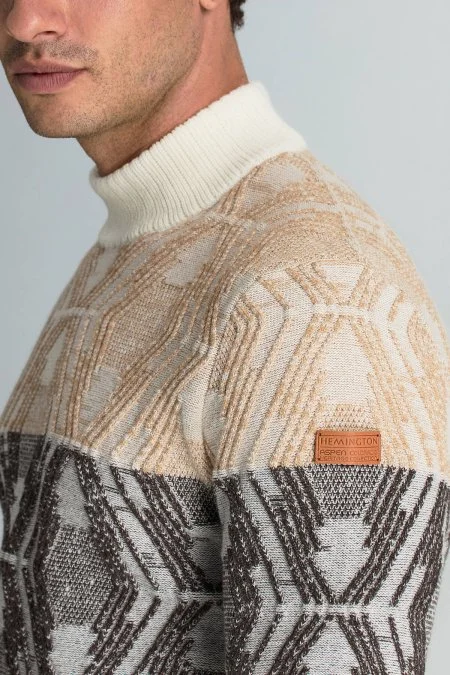 Kaşmir Yün Karışım Ekru-Kahverengi Degrade Desen Lupetto Yaka Kazak