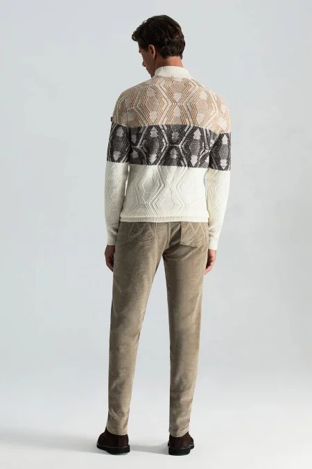 Kaşmir Yün Karışım Ekru-Kahverengi Degrade Desen Lupetto Yaka Kazak