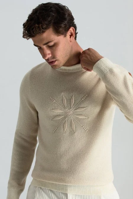 Kaşmir Yün Karışım Kar Desenli Bisiklet Yaka Ekru Kazak Kaşmir Yün Karışım Kar Desenli Bisiklet Yaka Ekru Kazak