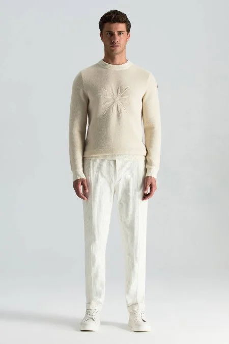 Kaşmir Yün Karışım Kar Desenli Ekru Kazak