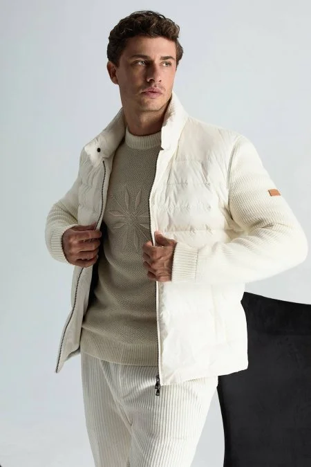 Kaşmir Yün Karışım Kar Desenli Ekru Kazak