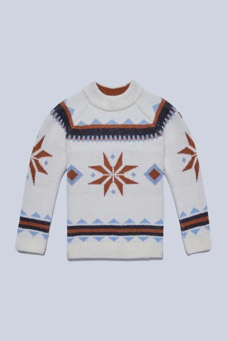Kaşmir Yün Karışım Lupetto Yaka Kar Desen Ekru Çocuk Kazak