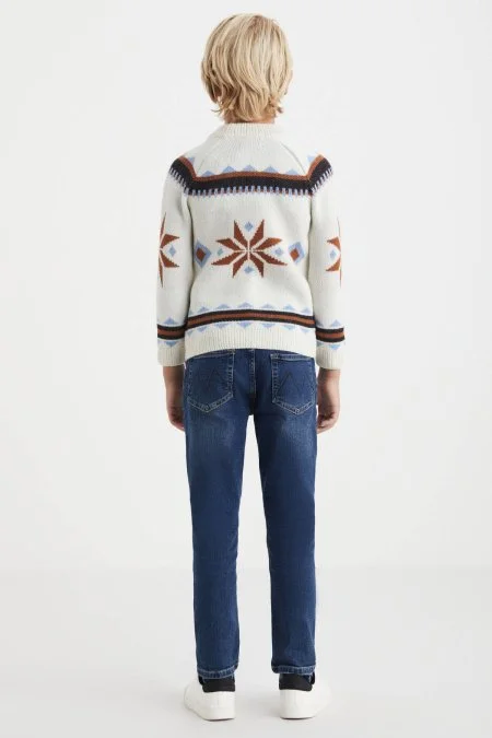 Kaşmir Yün Karışım Lupetto Yaka Kar Desen Ekru Çocuk Kazak