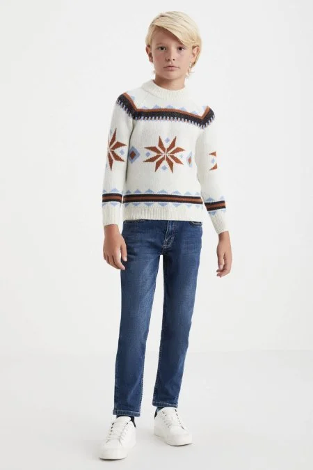 Kaşmir Yün Karışım Lupetto Yaka Kar Desen Ekru Çocuk Kazak