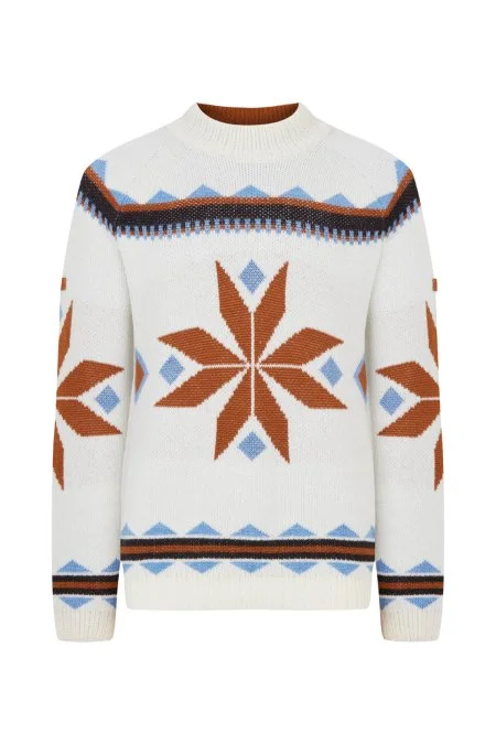 Kaşmir Yün Karışım Lupetto Yaka Kar Desen Ekru Kazak