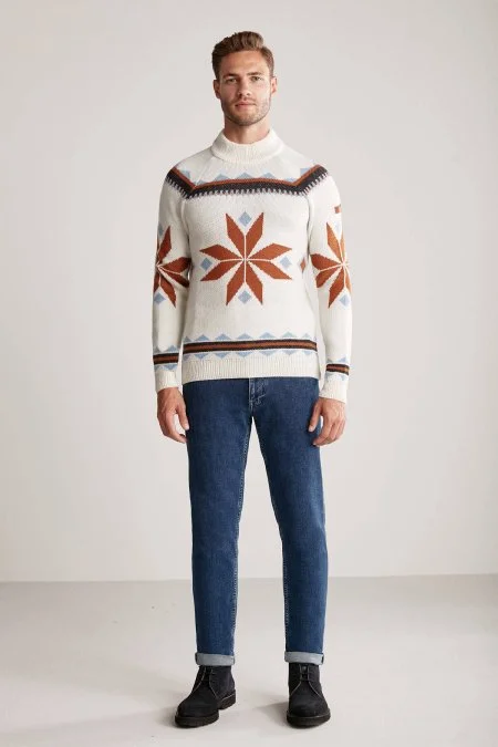 Kaşmir Yün Karışım Lupetto Yaka Kar Desen Ekru Kazak