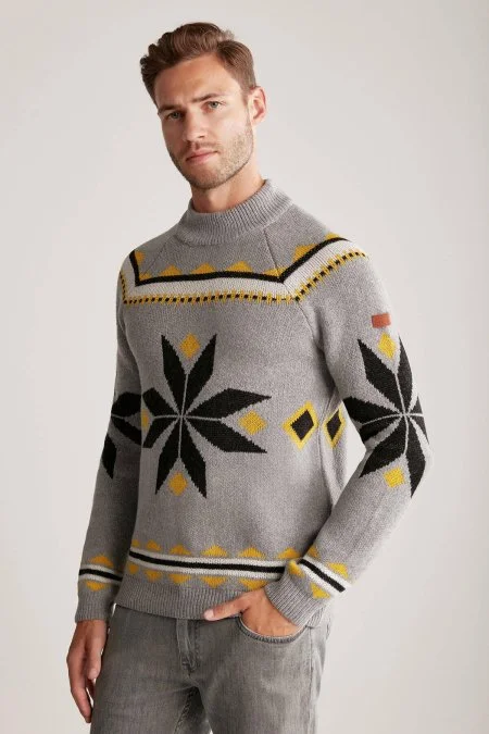 Kaşmir Yün Karışım Lupetto Yaka Kar Desen Gri Kazak