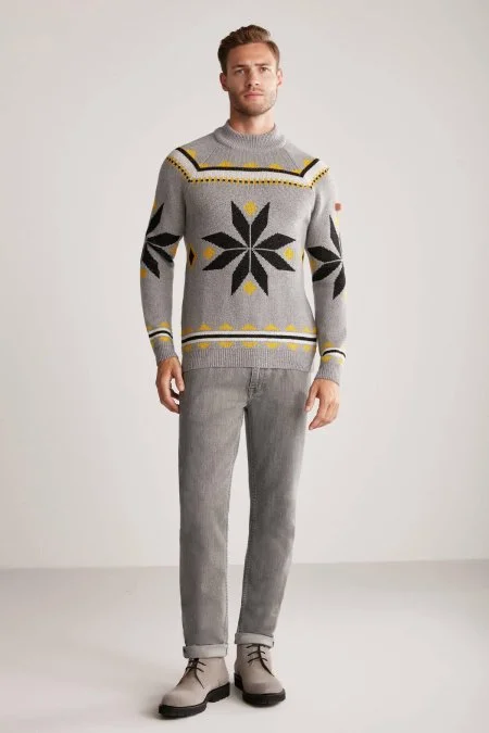 Kaşmir Yün Karışım Lupetto Yaka Kar Desen Gri Kazak